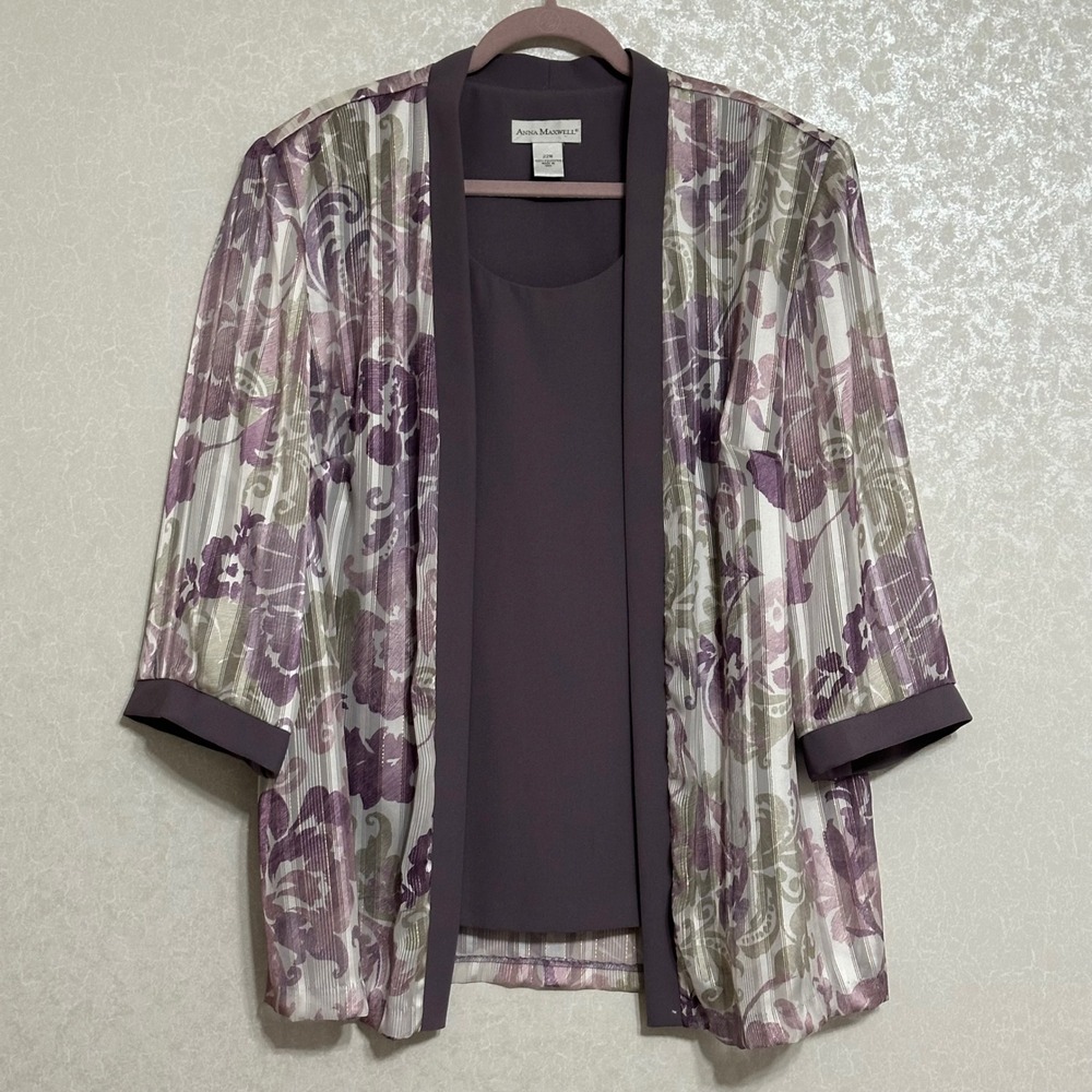 Anna Maxwell Floral Layered Top Metallic Stripe 3/4 Sleeve Purple Plus Size 22W